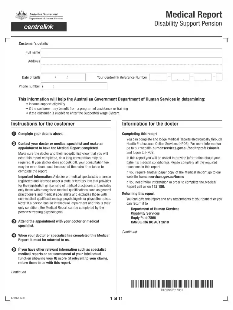 medical report disability support pension form sa012 Preview on Page 1