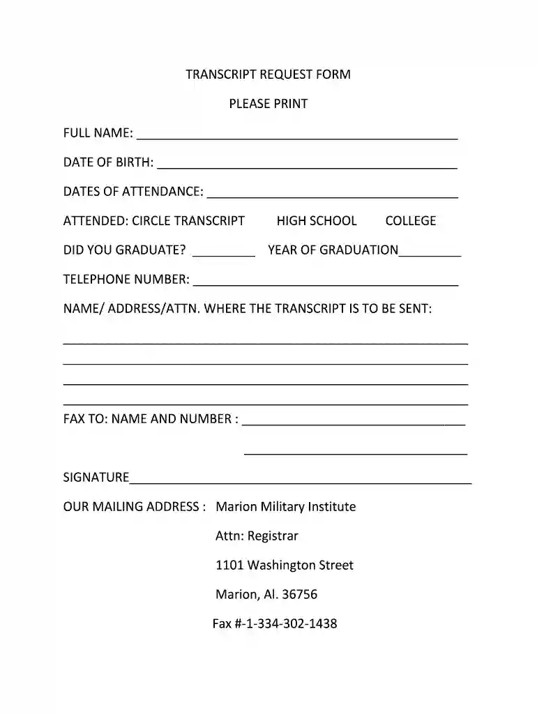 marion military institute transcript request Preview on Page 1
