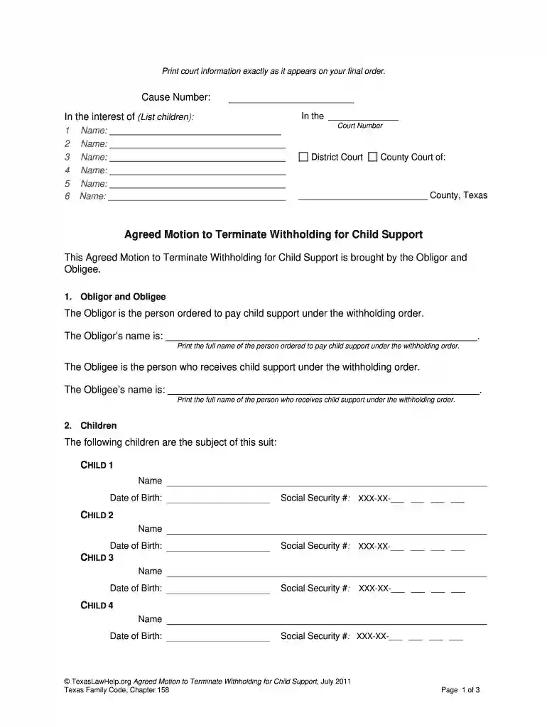 motion to terminate withholding for child support Preview on Page 1