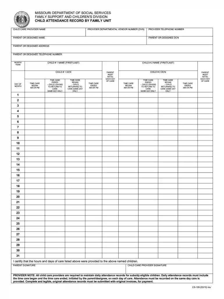child attendance record by family unit Preview on Page 1