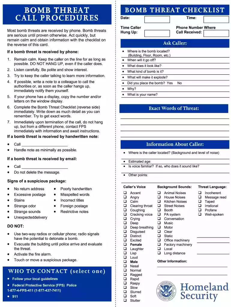 bomb threat checklist template Preview on Page 1
