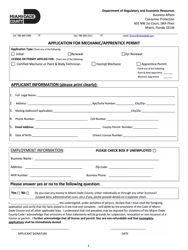 florida mechanic form Preview on Page 1