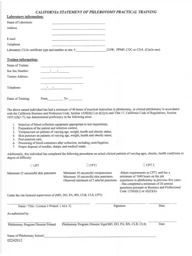 california statement of phlebotomy practical training form Preview on Page 1