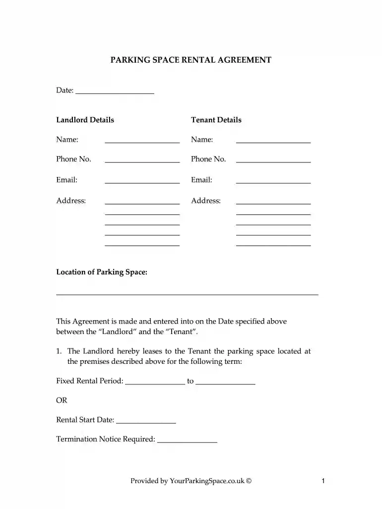 parking spot rental agreement Preview on Page 1