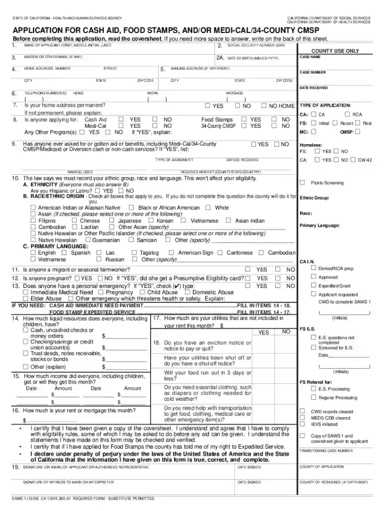 Application for Cash Aid, Food Stamps, and or - California - cdph ca Preview on Page 1
