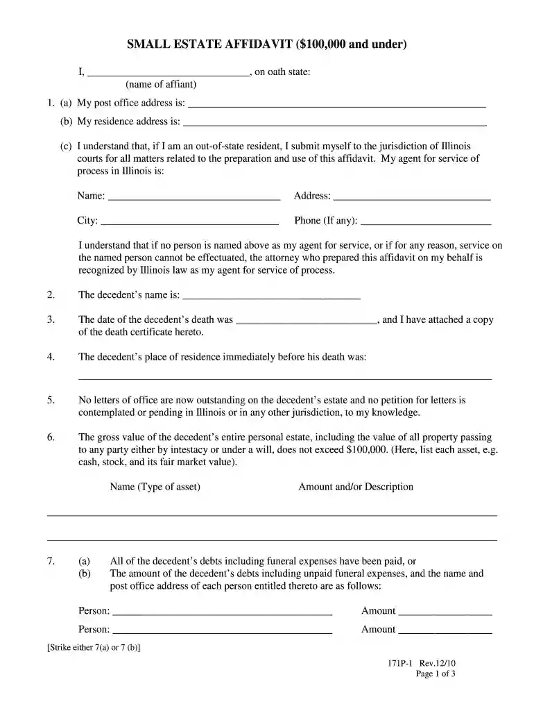 small estate affidavit illinois for bank account Preview on Page 1