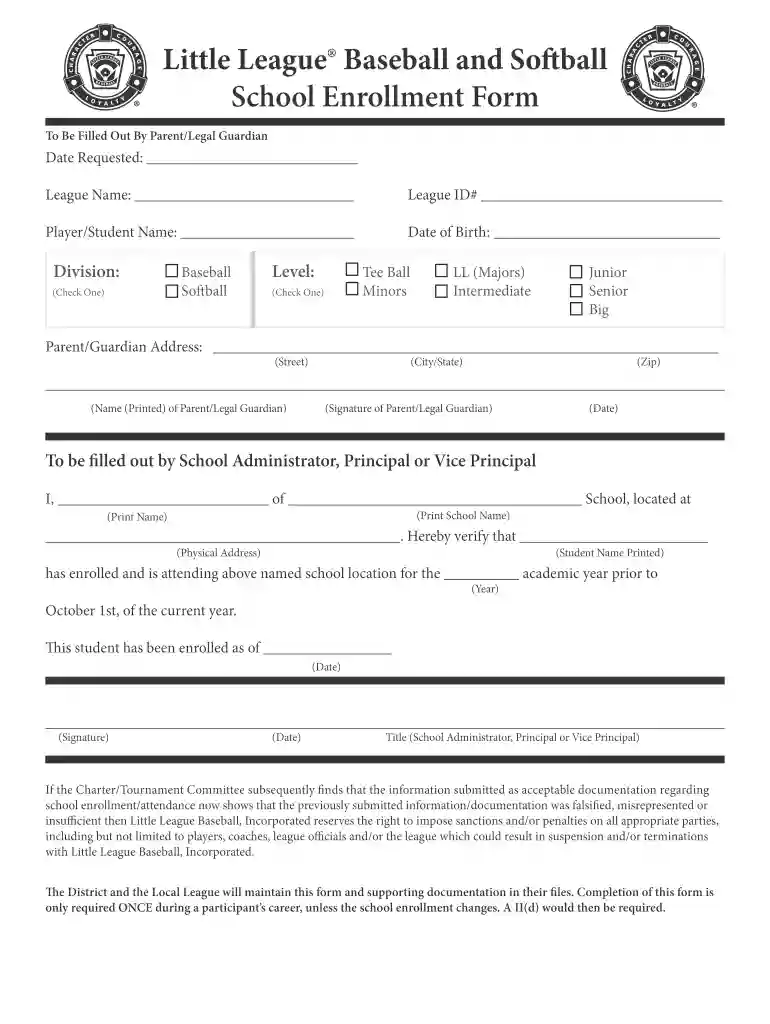 little league school enrollment form Preview on Page 1