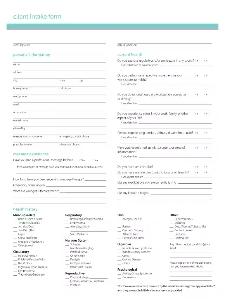 amta intake form Preview on Page 1