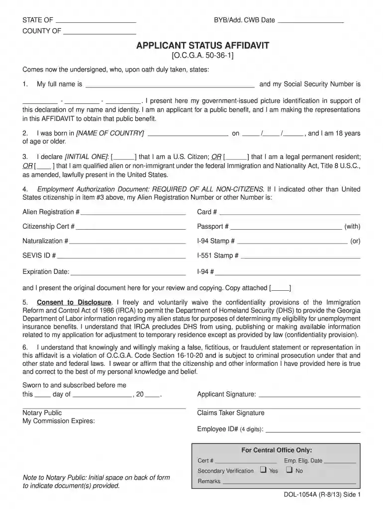 ga department of labor affividate form 2013 Preview on Page 1
