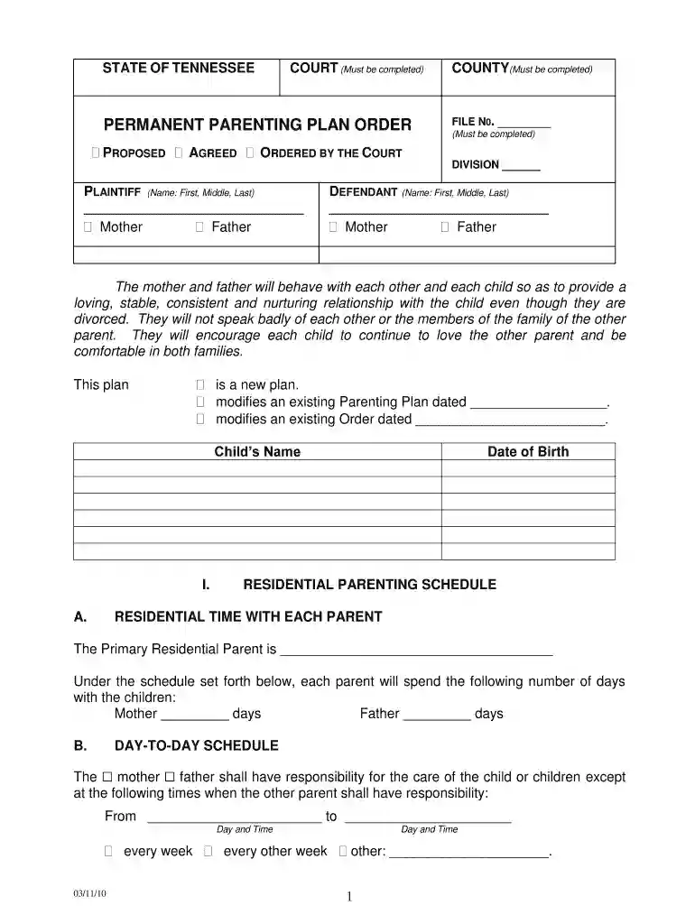 tn parenting plan 2010 form Preview on Page 1