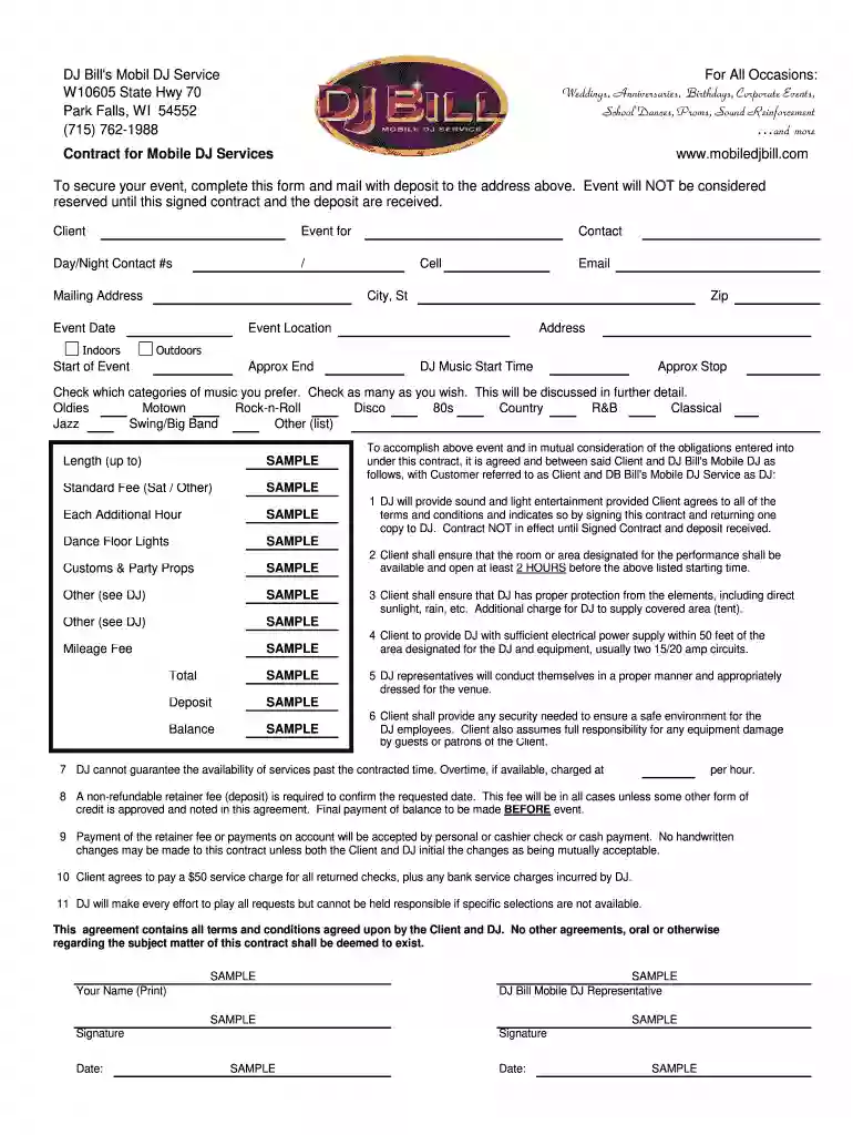 free printable dj contract pdf Preview on Page 1