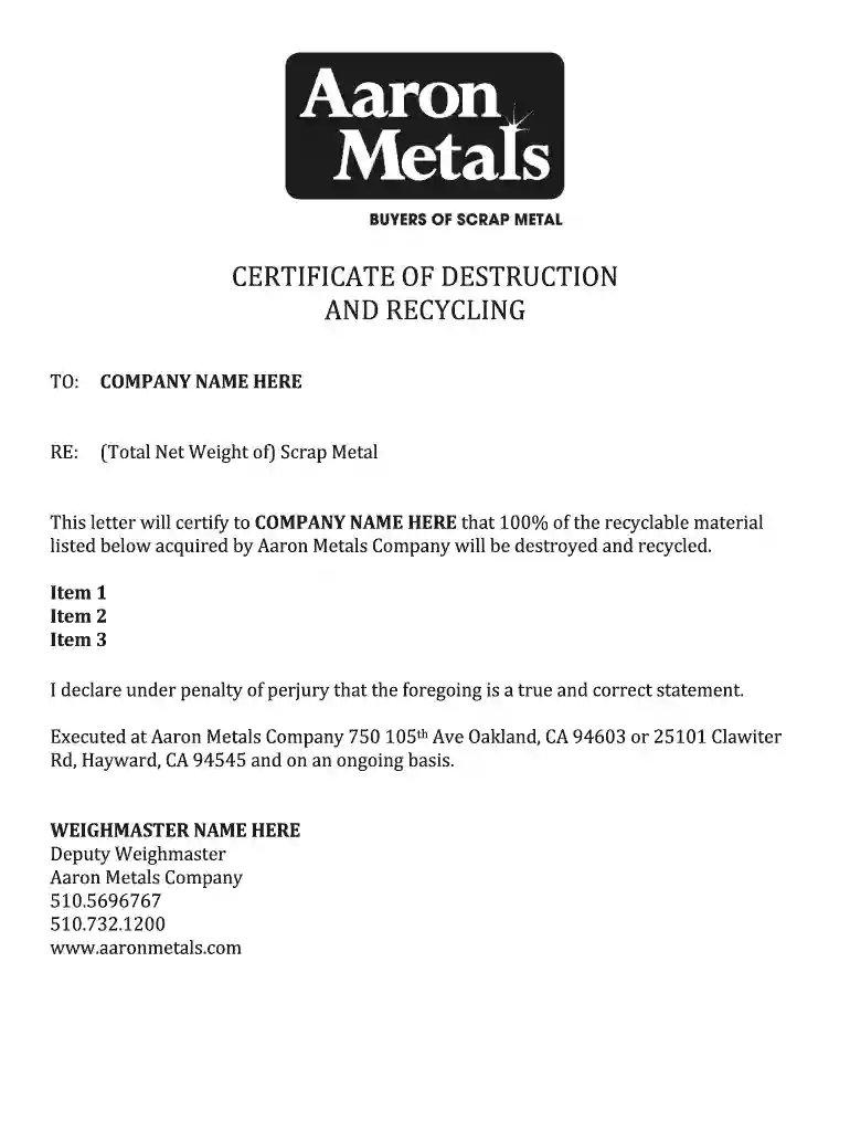 certificate of destruction form Preview on Page 1