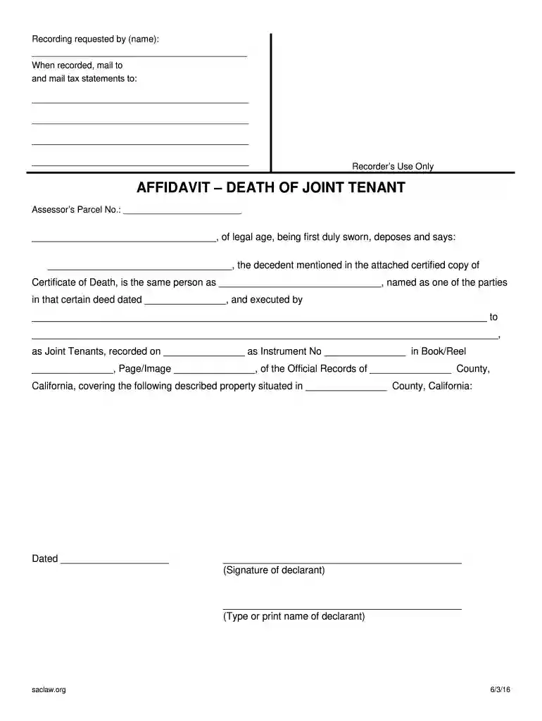 affidavit death of joint tenant Preview on Page 1