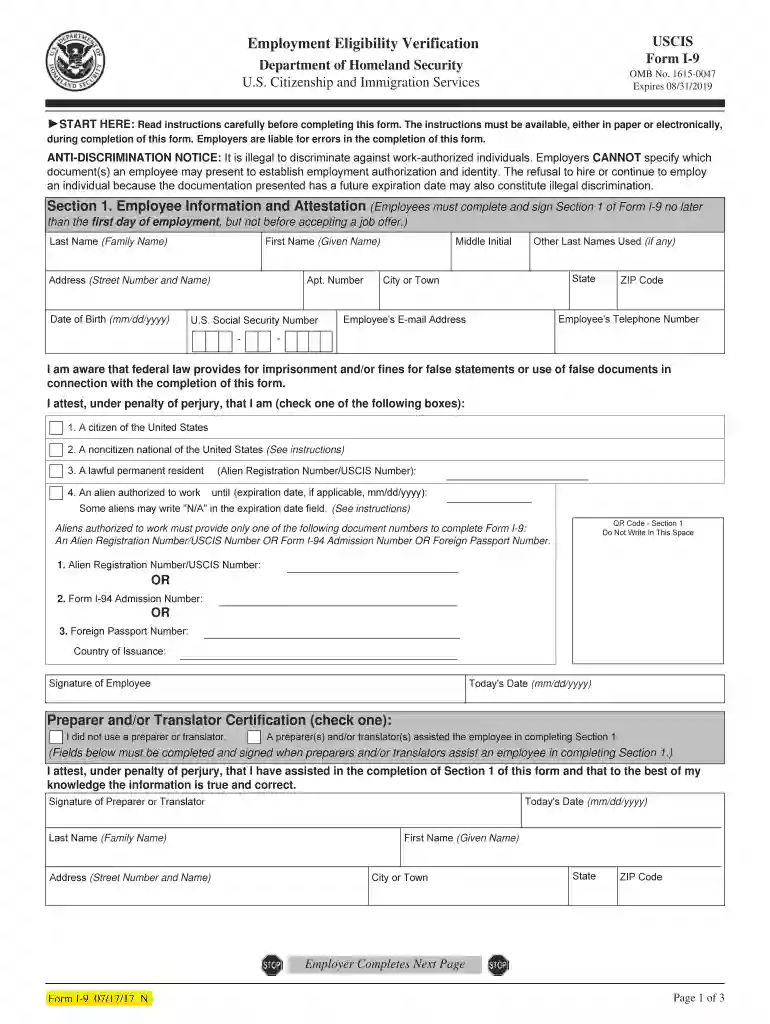 i 9 form fillable Preview on Page 1