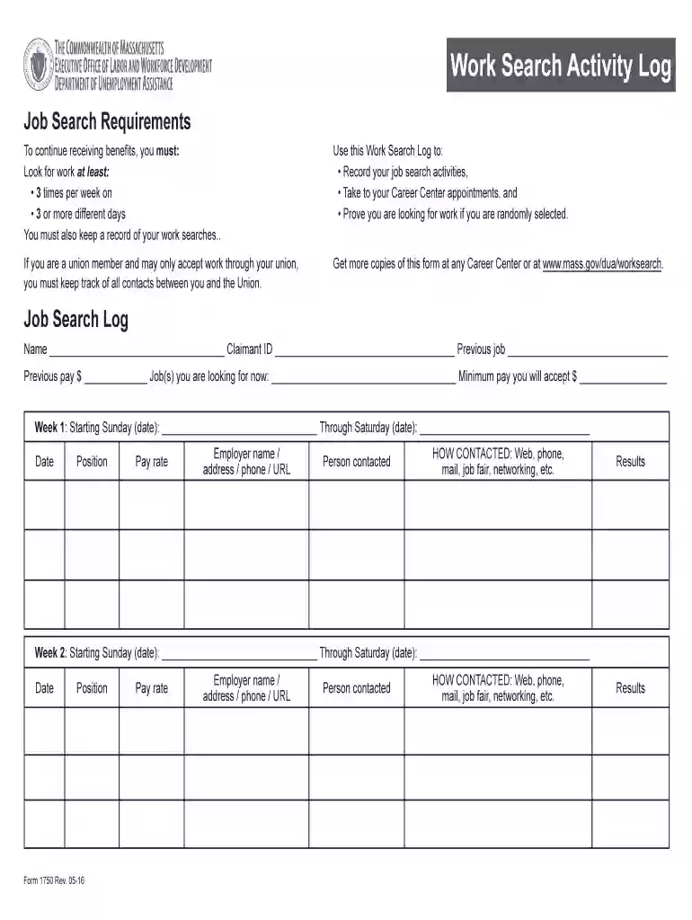 work search activity log examples massachusetts Preview on Page 1