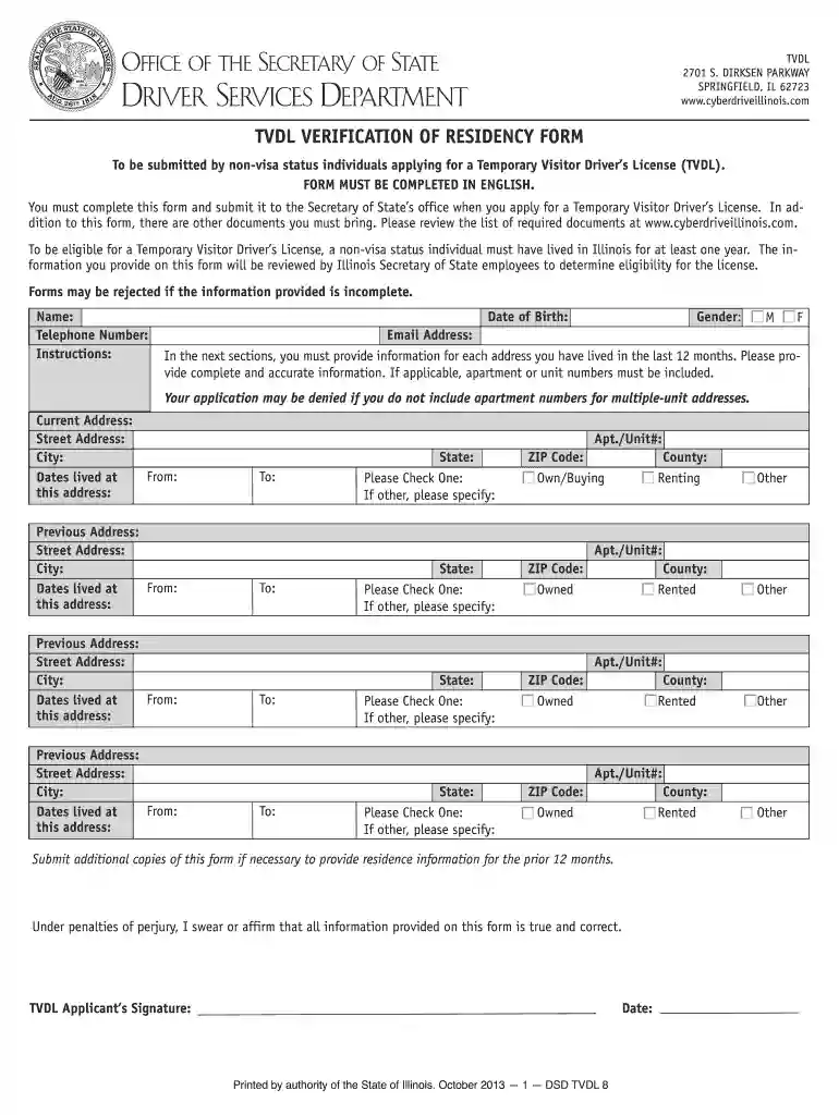 tvdl verification of residency form Preview on Page 1