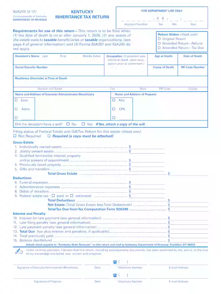 92a200 (3-12) - Kentucky: Department of Revenue Preview on Page 1