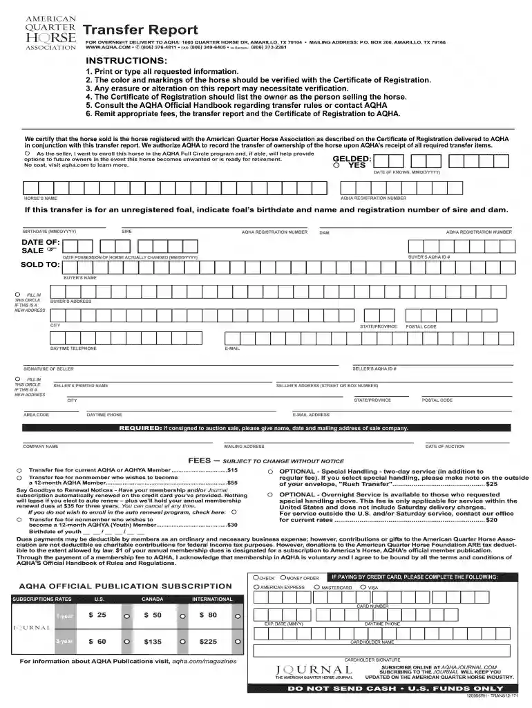 aqha transfer form Preview on Page 1