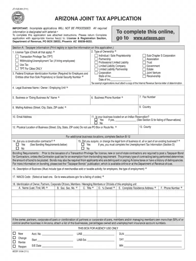 arizona joint tax application 2011 form Preview on Page 1