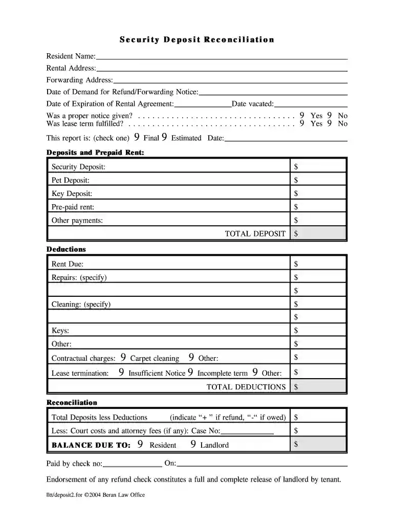 security deposit reconciliation template Preview on Page 1
