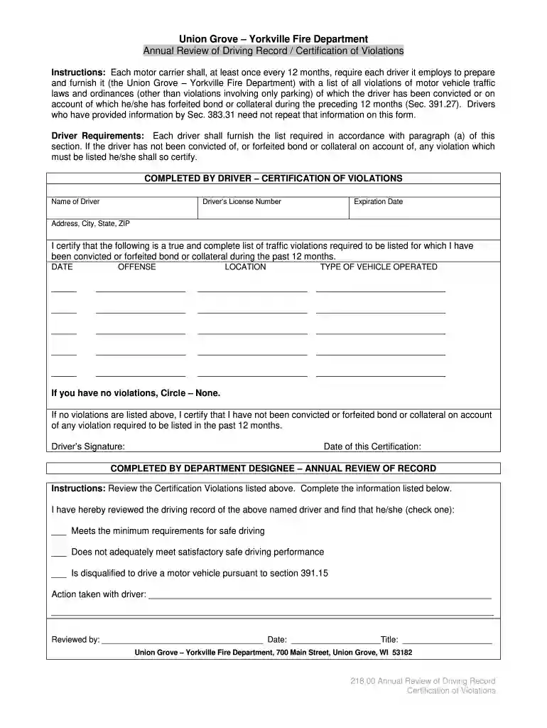certification of violations annual review of driving record pdf Preview on Page 1