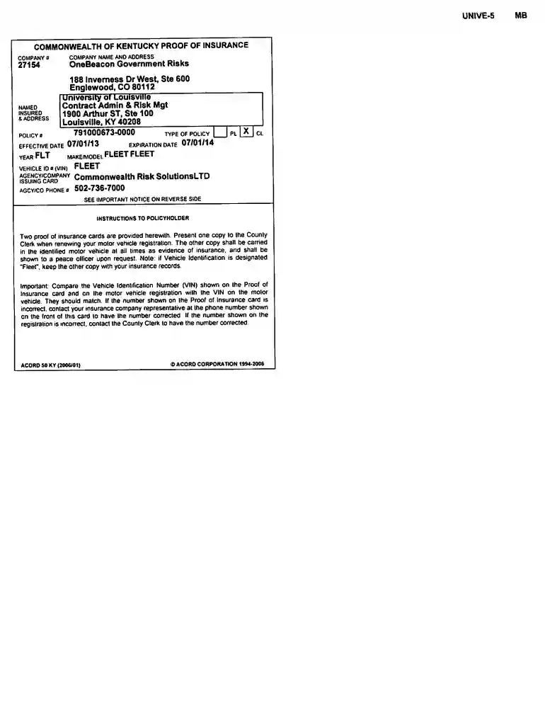 commonwealth of kentucky proof of insurance Preview on Page 1
