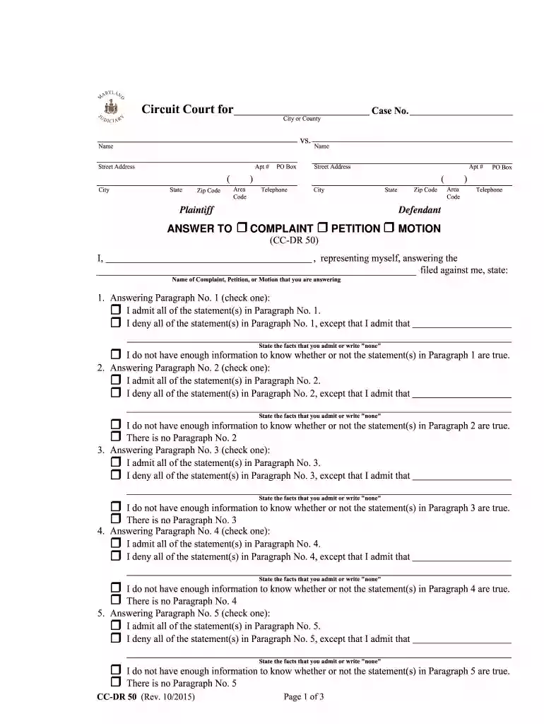 answer to complaint petition motion instructions for - mdcourts Preview on Page 1
