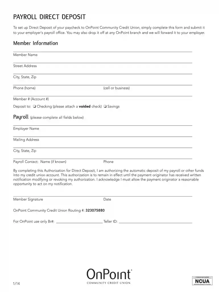 onpoint direct deposit form Preview on Page 1