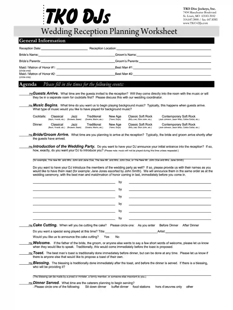 dj forms for weddings Preview on Page 1