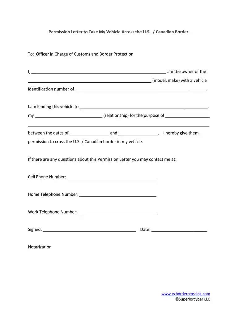permission letter to take a vehicle across the border Preview on Page 1