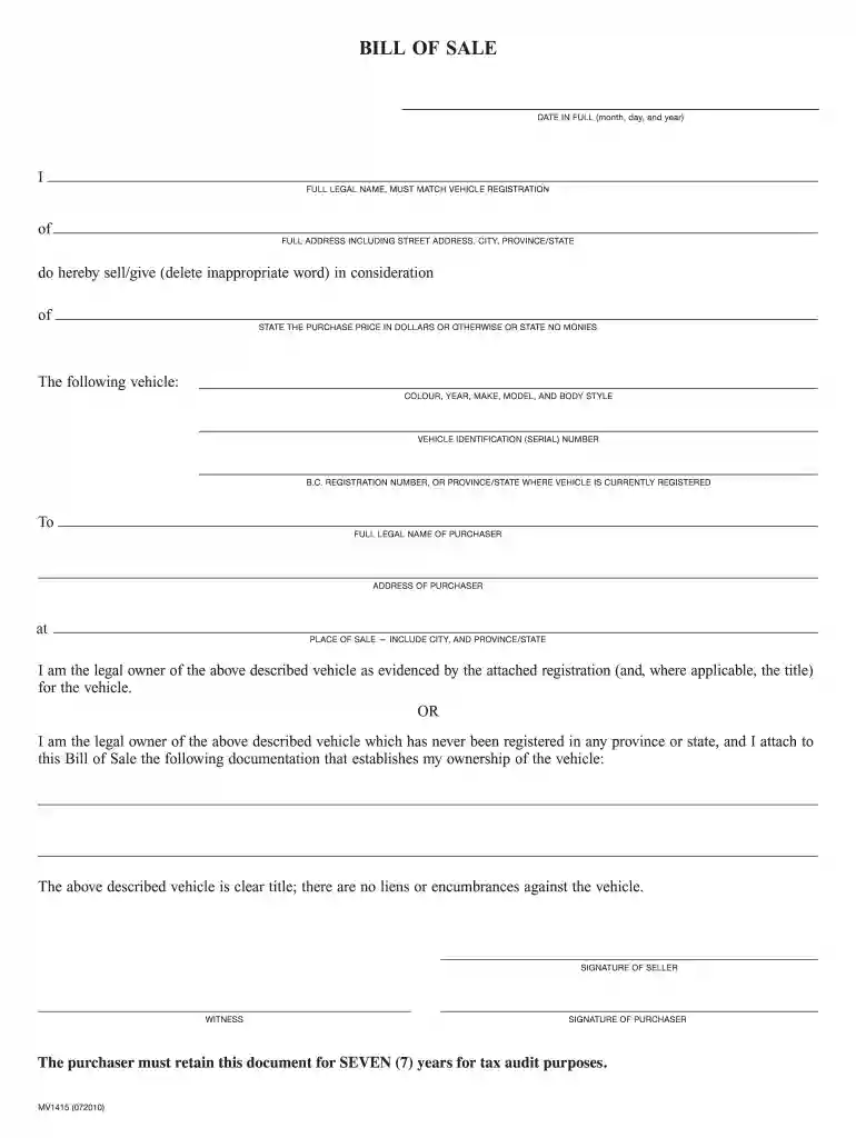 bill of sale bc Preview on Page 1