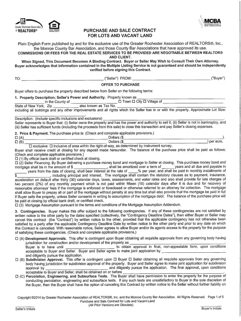 Purchase and Sale Contract for Lots and Vacant Land - mcba Preview on Page 1