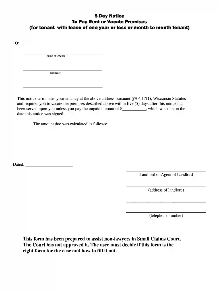 wisconsin 5 day notice pdf Preview on Page 1