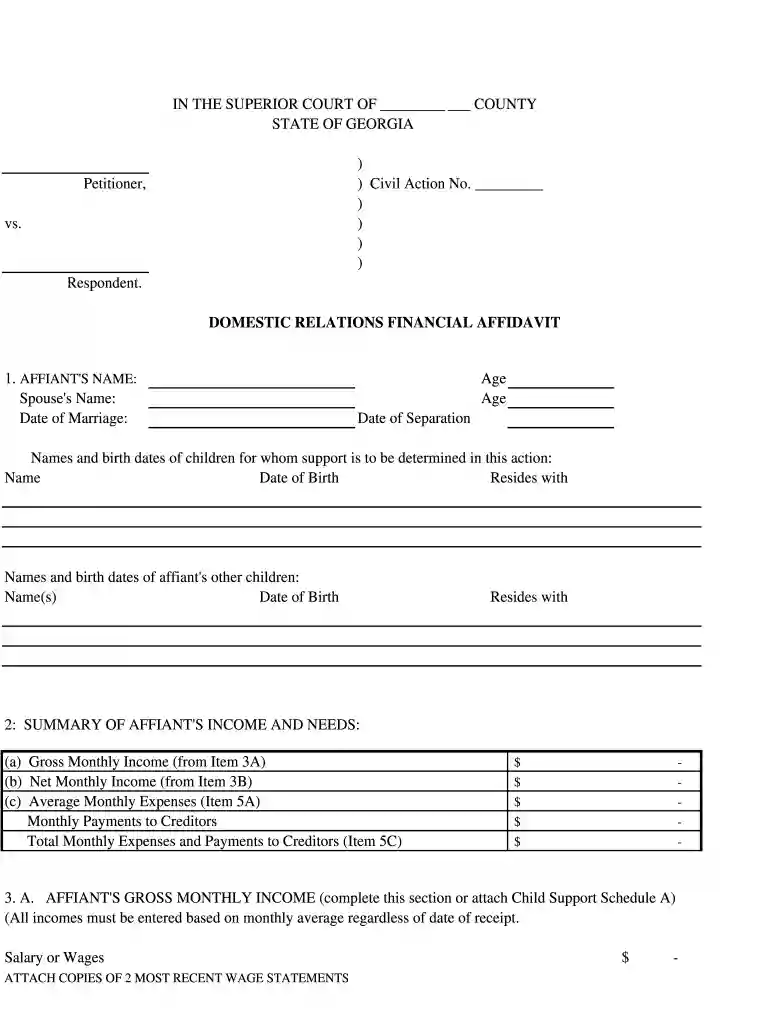 georgia domestic relations financial affidavit fillable pdf Preview on Page 1