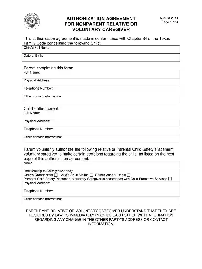 authorization agreement for voluntary adult caregiver Preview on Page 1