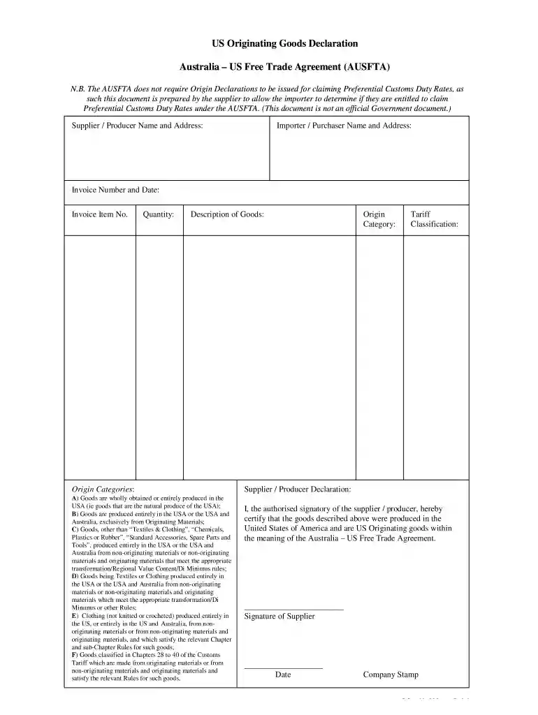 ausfta certificate of origin template Preview on Page 1