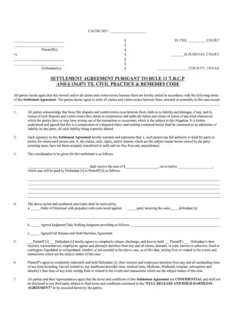 Settlement Agreement PDF Form - mediatetexas.com Preview on Page 1