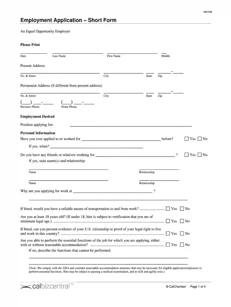 short job application form Preview on Page 1