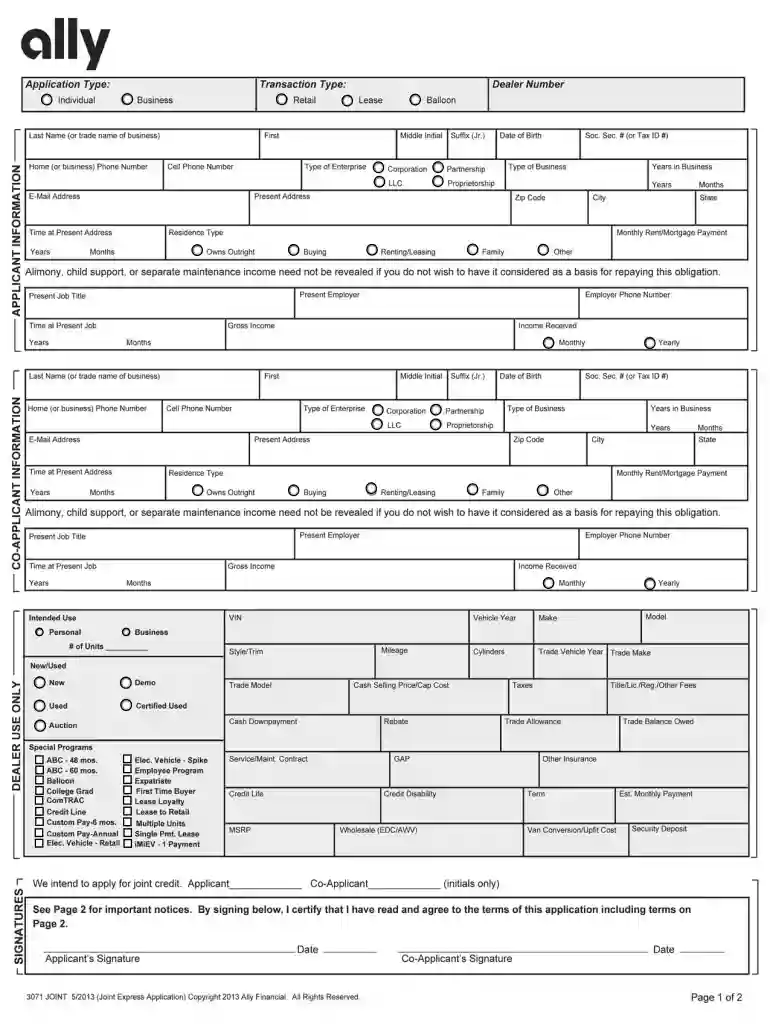 ally credit application Preview on Page 1