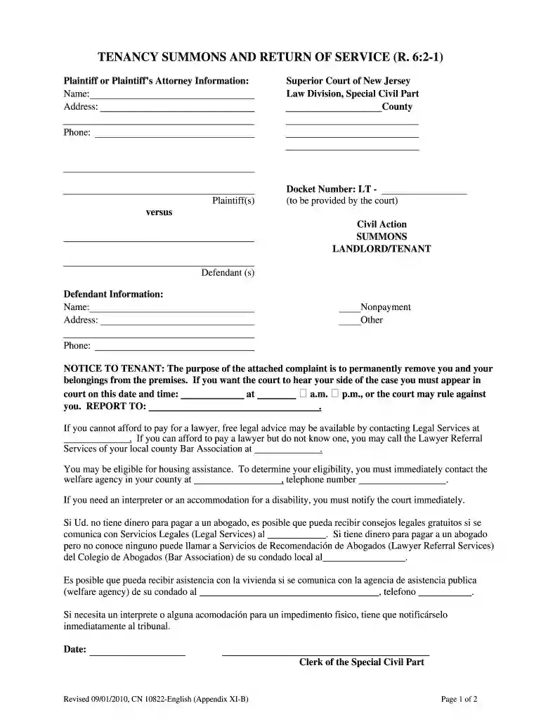 tenancy summons and return of service Preview on Page 1