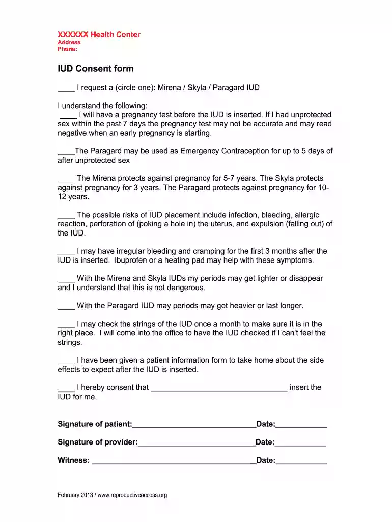 mirena consent form Preview on Page 1