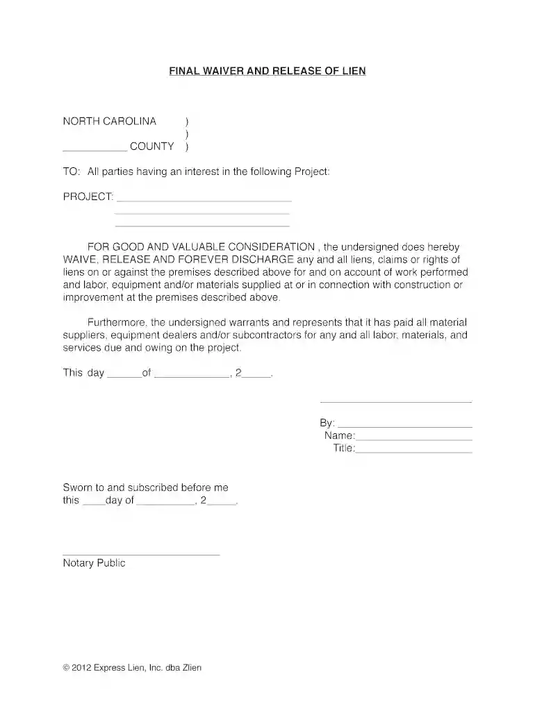 lien release form nc Preview on Page 1