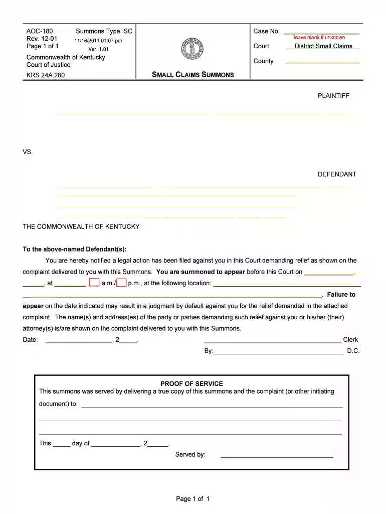 kentucky civil summons answer form Preview on Page 1