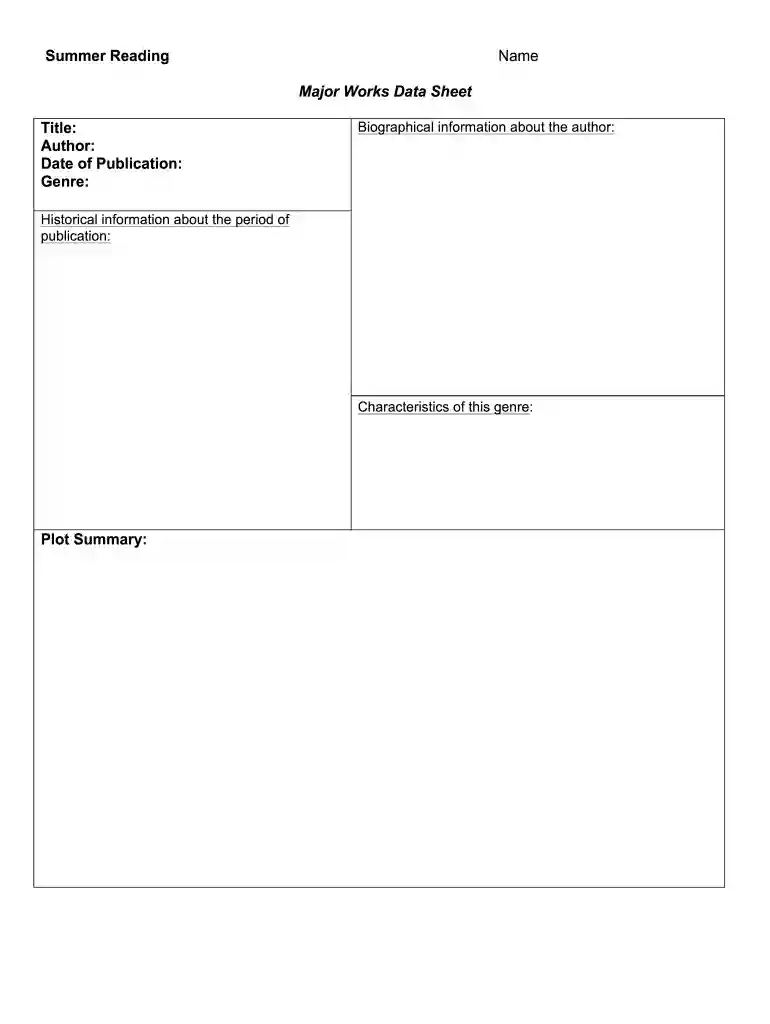 major works data sheet Preview on Page 1