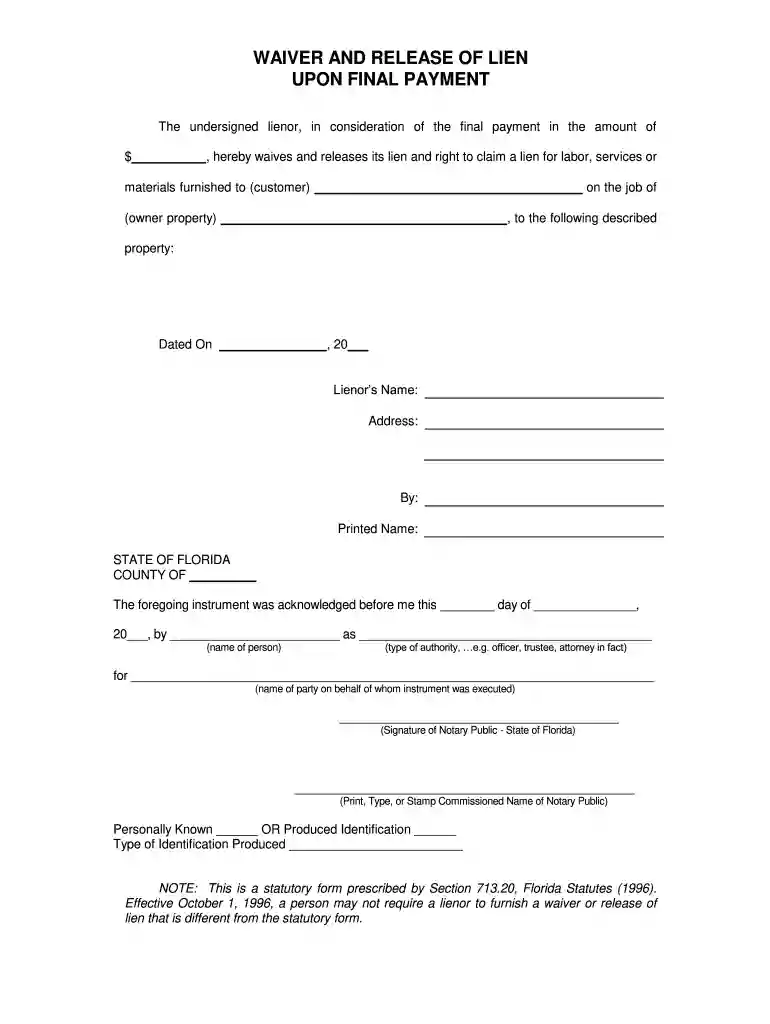free printable lien waiver form Preview on Page 1
