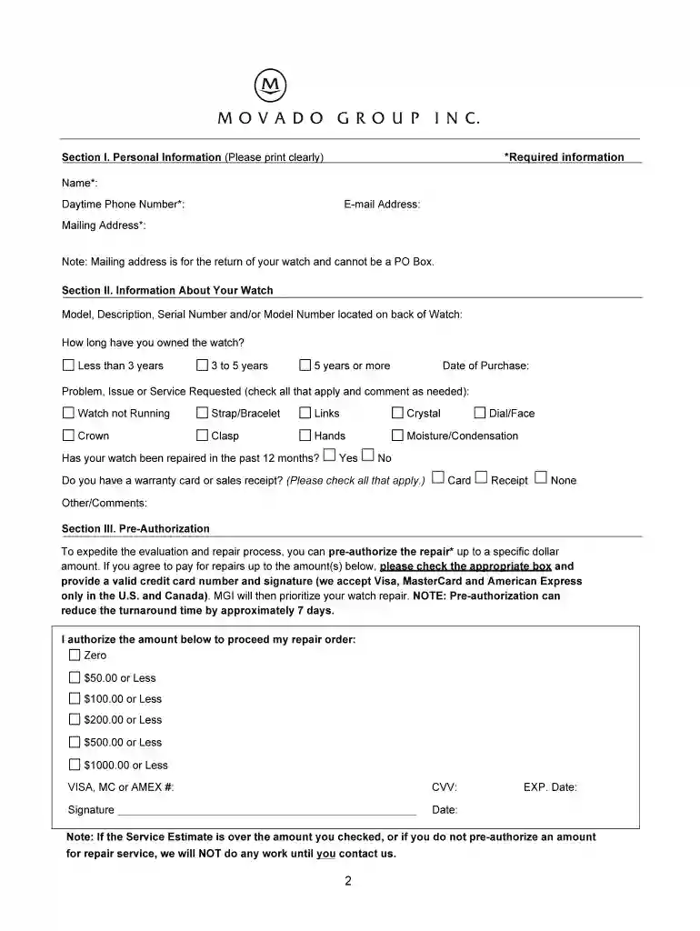 movado repair service request Preview on Page 1