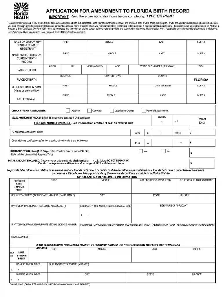 APPLICATION FOR AMENDMENT TO FLORIDA BIRTH RECORD Preview on Page 1