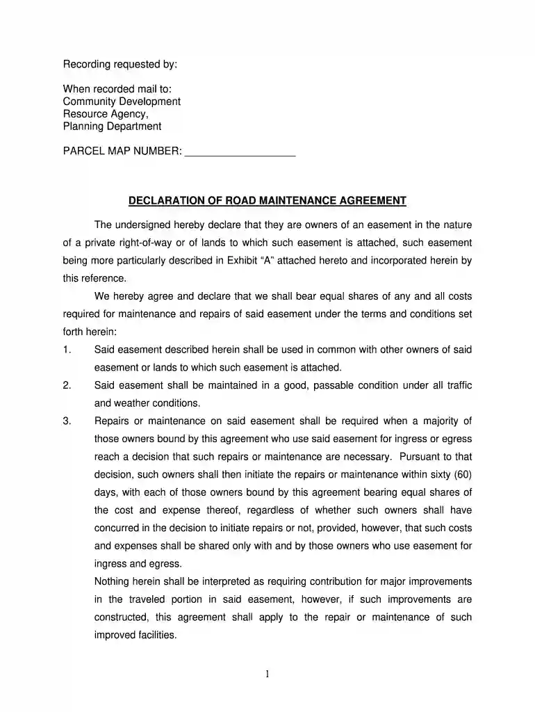 free private road maintenance agreement form Preview on Page 1