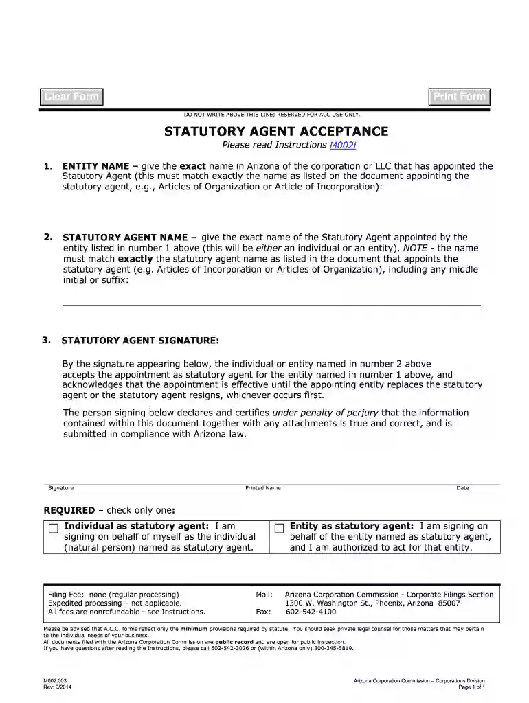 statutory agent acceptance form Preview on Page 1