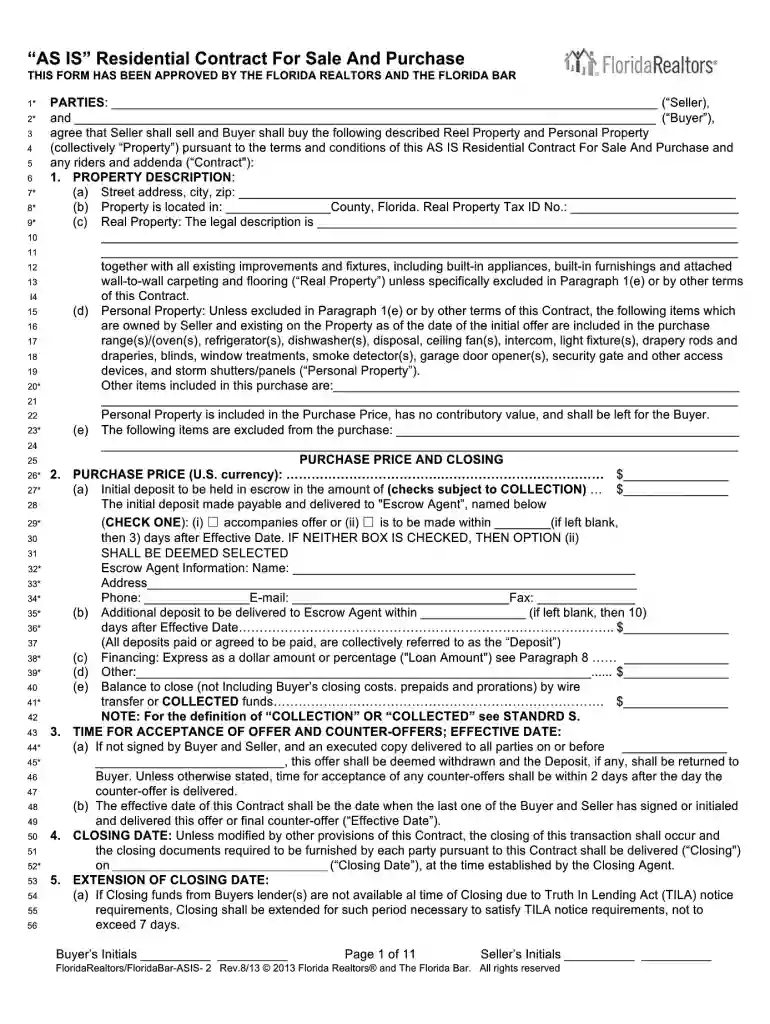 as is residential contract for sale and purchase Preview on Page 1